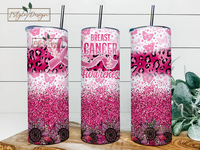 Breast Cancer Awareness Ribbon 20 oz Skinny Tumbler, Pink leopard, Breast Cancer Awareness png, Breast Cancer Glitter Sublimation Design Sublimation iStyleDesign 