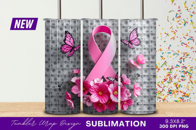 Breast Cancer Awareness Ribbon Flowers Butterflies Tumbler Png Sublimation Regulrcrative 