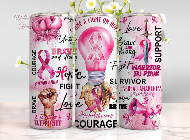 Breast Cancer Awareness Ribbon Motivational for 20oz Skinny Tumbler Sublimation Design, Breast Cancer Tumbler Wrap, PNG Digital Download Sublimation WillowSageDesign 
