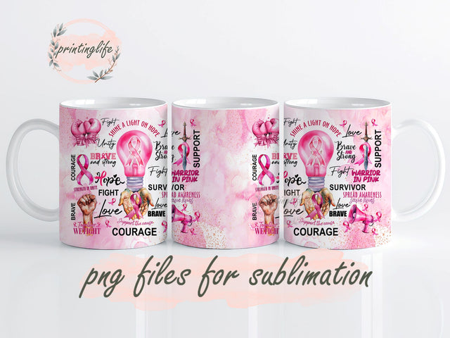 Breast Cancer Awareness Ribbon Motivational Mug Wrap Design, Instant Digital Design Download Mug Wrap Design, Mug Design PNG Sublimation PrintingLife 