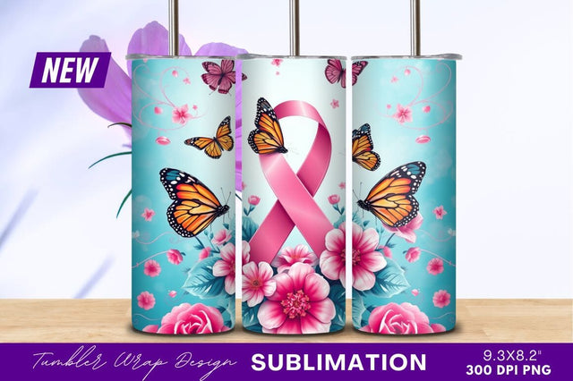 Breast cancer awareness ribbon with butterflies flowers Sublimation Regulrcrative 