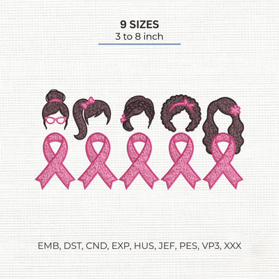 Breast Cancer Awareness Women Embroidery Design – Pink Ribbon Girls Hair Styles Survivor Support Machine Embroidery File, 9 Sizes Embroidery/Applique DESIGNS PatternFeed8 