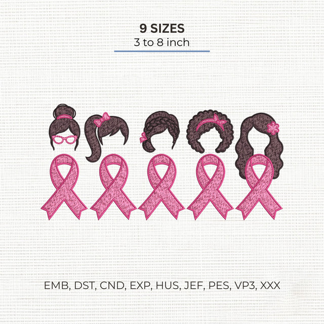 Breast Cancer Awareness Women Embroidery Design – Pink Ribbon Girls Hair Styles Survivor Support Machine Embroidery File, 9 Sizes Embroidery/Applique DESIGNS PatternFeed8 