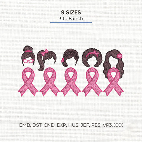 Breast Cancer Awareness Women Embroidery Design – Pink Ribbon Girls Hair Styles Survivor Support Machine Embroidery File, 9 Sizes Embroidery/Applique DESIGNS PatternFeed8 