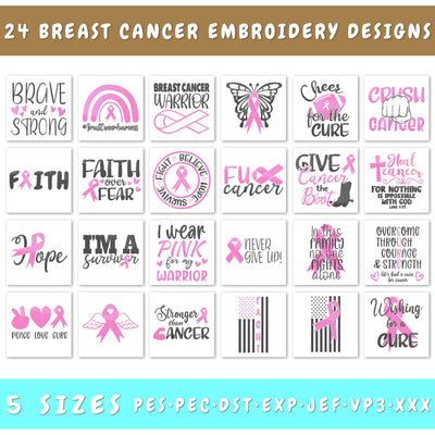 Breast Cancer Embroidery Designs Bundle - 24 Designs, Breast Cancer Awareness Embroidery Patterns, Pink Awareness Ribbon PES Files Embroidery/Applique DESIGNS HappyDesignStudio 