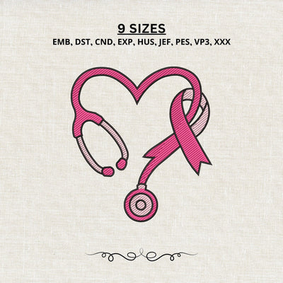 Breast Cancer Nurse Stethoscope Embroidery Design – Pink Ribbon Heart Machine Embroidery File, Nurse Awareness Design Embroidery/Applique DESIGNS PatternFeed8 