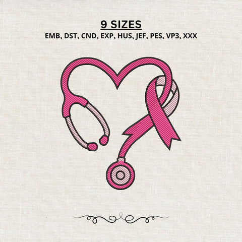 Breast Cancer Nurse Stethoscope Embroidery Design – Pink Ribbon Heart Machine Embroidery File, Nurse Awareness Design Embroidery/Applique DESIGNS PatternFeed8 