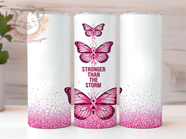 Breast Cancer Pink Butterfly Tumbler, Pink Butterfly Wrap, Stronger Than The Storm, 20oz Sublimation, Cancer Awareness Cup, Survivor Gift Tumbler, Inspirational Drinkware Sublimation Lara' s Designs 