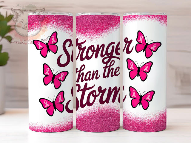 Breast Cancer Pink Butterfly Tumbler, Pink Butterfly Wrap, Stronger Than The Storm, 20oz Sublimation, Cancer Awareness Cup, Survivor Gift Tumbler, Inspirational Drinkware Sublimation Lara' s Designs 