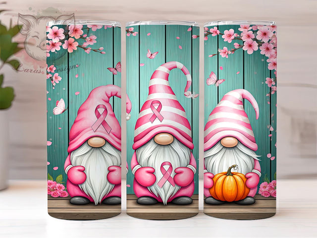 Breast Cancer Pink Ribbon Gnome 20oz Tumbler, Gnome Tumbler, Floral Design, 20oz Sublimation, Pink Ribbon Gift, Cancer Support Tumbler, Unique Awareness Drinkware Sublimation Lara' s Designs 