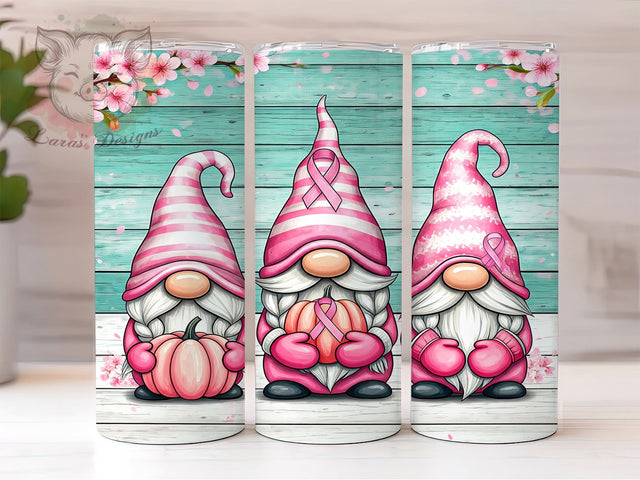 Breast Cancer Pink Ribbon Gnome 20oz Tumbler, Gnome Tumbler, Floral Design, 20oz Sublimation, Pink Ribbon Gift, Cancer Support Tumbler, Unique Awareness Drinkware Sublimation Lara' s Designs 