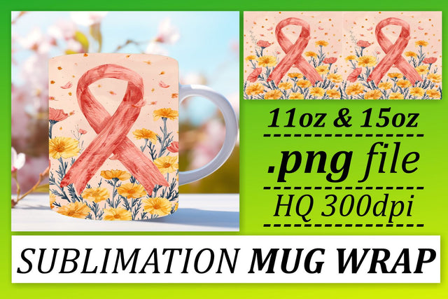 Breast Cancer Sublimation Wrap – Pink Ribbon Mug Design 11oz & 15oz Sublimation afrosvg 