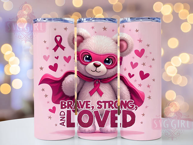 Breast Cancer Tumbler, Brave Strong Loved, Sublimation Wrap, 20 oz Tumbler Design, Cancer Awareness, Inspirational Tumbler, PNG File for Tumbler, Breast Cancer Support Sublimation SvggirlplusArt 