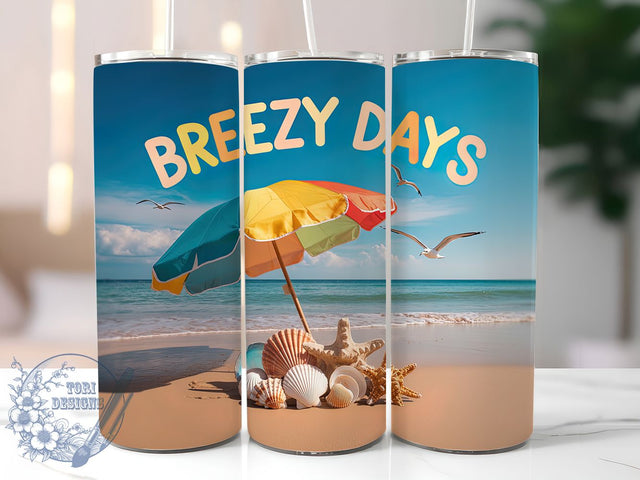 Breezy Days Retro 20oz Tumbler, Salty Summer Phrase, Breezy Days Quote, Tropical Coastal Theme, Vintage Beach Illustration, Sublimation Tumbler Wrap, 20oz Tumbler Sublimation ToriDesigns 