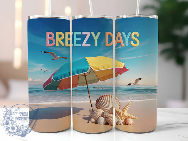 Breezy Days Retro 20oz Tumbler, Salty Summer Phrase, Breezy Days Quote, Tropical Coastal Theme, Vintage Beach Illustration, Sublimation Tumbler Wrap, 20oz Tumbler Sublimation ToriDesigns 
