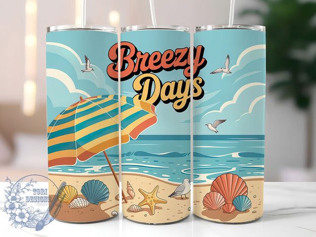 Breezy Days Retro 20oz Tumbler, Salty Summer Phrase, Breezy Days Quote, Tropical Coastal Theme, Vintage Beach Illustration, Sublimation Tumbler Wrap, 20oz Tumbler Sublimation ToriDesigns 