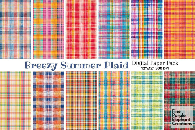 Breezy Summer Plaid Digital Paper - Vacation Sublimation Flannel Digital Pattern Fine Purple Elephant Creations 