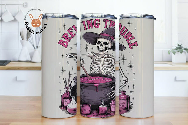 Brewing Trouble 20 oz skinny tumbler png, Retro Skeleton and Flowers Tumbler Png, Witch Halloween Snarky Skeleton Tumbler Sublimation Png Sublimation Rabbitmakies 