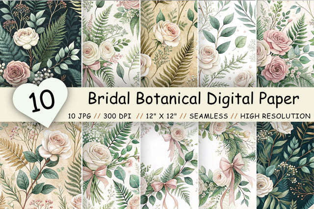 Bridal Botanical Digital Paper Pack, Seamless Watercolor Floral Bundle Pack, Printable Scrapbook Paper, Eucalyptus Wedding Design Collection Digital Pattern FloridPrintables 