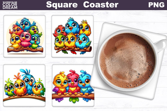 Bright Birds Square Coaster | Funny Birds Square Coaster Sublimation WatercolorColorDream 