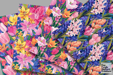 Bright Bold Spring Flowers Pattern | Colorful Sublimation Digital Pattern Fine Purple Elephant Creations 