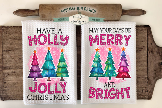 Bright Colored Christmas Trees Kitchen Towel Sublimation Design - Holly Jolly - Merry & Bright Sublimation Ewe-N-Me Designs 