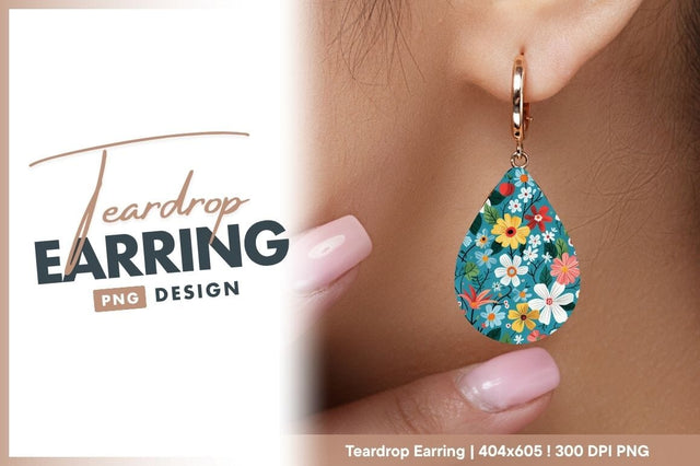 Bright floral pattern teal background teardrop earring png Sublimation Regulrcrative 