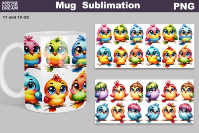 Bright Funny Birds Mug Sublimation | Cute Bird Mug Wrap Sublimation WatercolorColorDream 