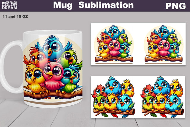 Bright Funny Birds Mug Sublimation | Cute Bird Mug Wrap Sublimation WatercolorColorDream 