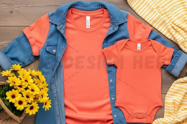 Bright orange baby onesie with denim jacket Mock Up Photo Regulrcrative 
