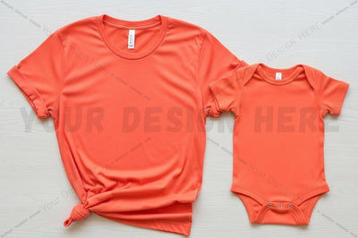Bright orange t-shirt and onesie set Mock Up Photo Regulrcrative 