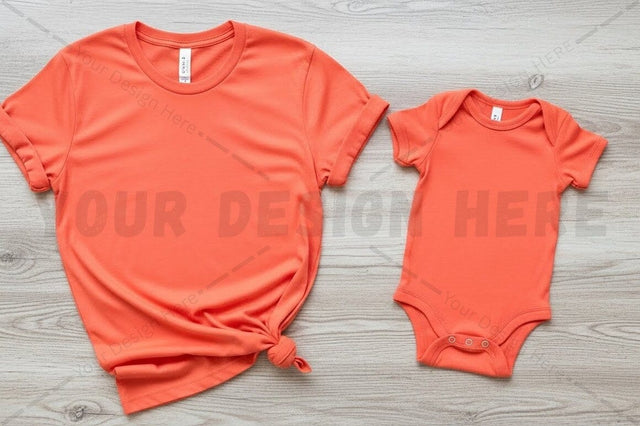 Bright orange t-shirt and onesie set Mock Up Photo Regulrcrative 