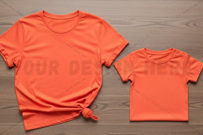 Bright orange t-shirt mockup design for adult and child Mock Up Photo Regulrcrative 