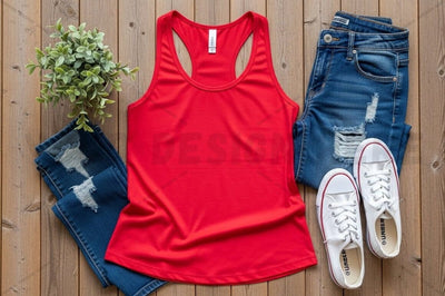 Bright red racerback tank top with distressed denim and sneakers Mock Up Photo Regulrcrative 