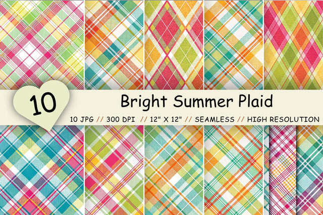 Bright Summer Plaid Digital Paper, Seamless Multicolor Pattern Bundle, Printable Scrapbook Paper, Vibrant Tartan Design Collection Digital Pattern FloridPrintables 