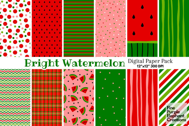 Bright Watermelon Scrapbook Digital Paper | Summer Fruit Themed Digital Pattern Fine Purple Elephant Creations 