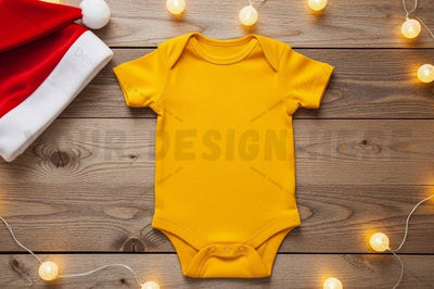 Bright yellow baby onesie with christmas theme Mock Up Photo Designangry 