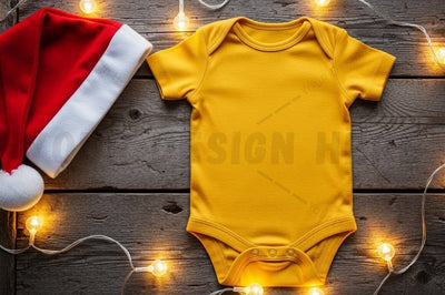 Bright yellow baby onesie with santa hat and holiday lights Mock Up Photo Designangry 
