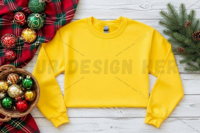 Bright yellow cropped sweatshirt with holiday decorations Mock Up Photo Designangry 