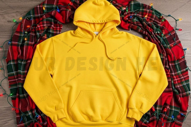 Bright yellow hoodie with plaid blanket Mock Up Photo Designangry 