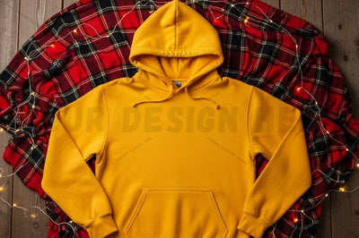 Bright yellow hoodie with plaid shirt Mock Up Photo Designangry 