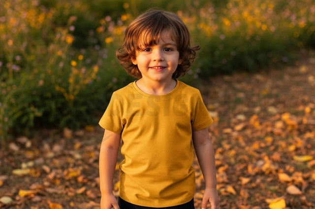 Bright yellow kids t-shirt in autumn setting Mock Up Photo Designangry 
