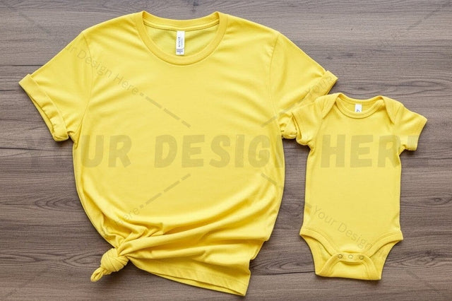Bright yellow t-shirt and onesie set Mock Up Photo Regulrcrative 