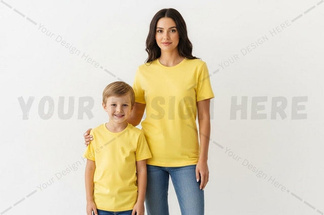 Bright yellow t-shirt for adults and kids Mock Up Photo Regulrcrative 