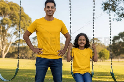 Bright yellow t-shirt for family fun Mock Up Photo Regulrcrative 