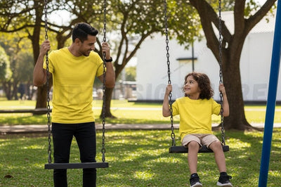 Bright yellow t-shirt for family fun Mock Up Photo Regulrcrative 