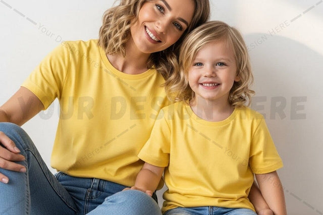 Bright yellow t-shirt for mother and child Mock Up Photo Regulrcrative 