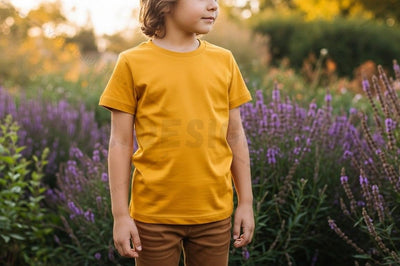 Bright yellow t-shirt in a beautiful lavender field Mock Up Photo Designangry 