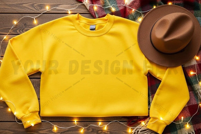Bright yellow t-shirt mockup with brown hat Mock Up Photo Designangry 