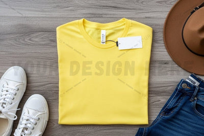 Bright yellow t-shirt mockup with casual accessories Mock Up Photo Regulrcrative 